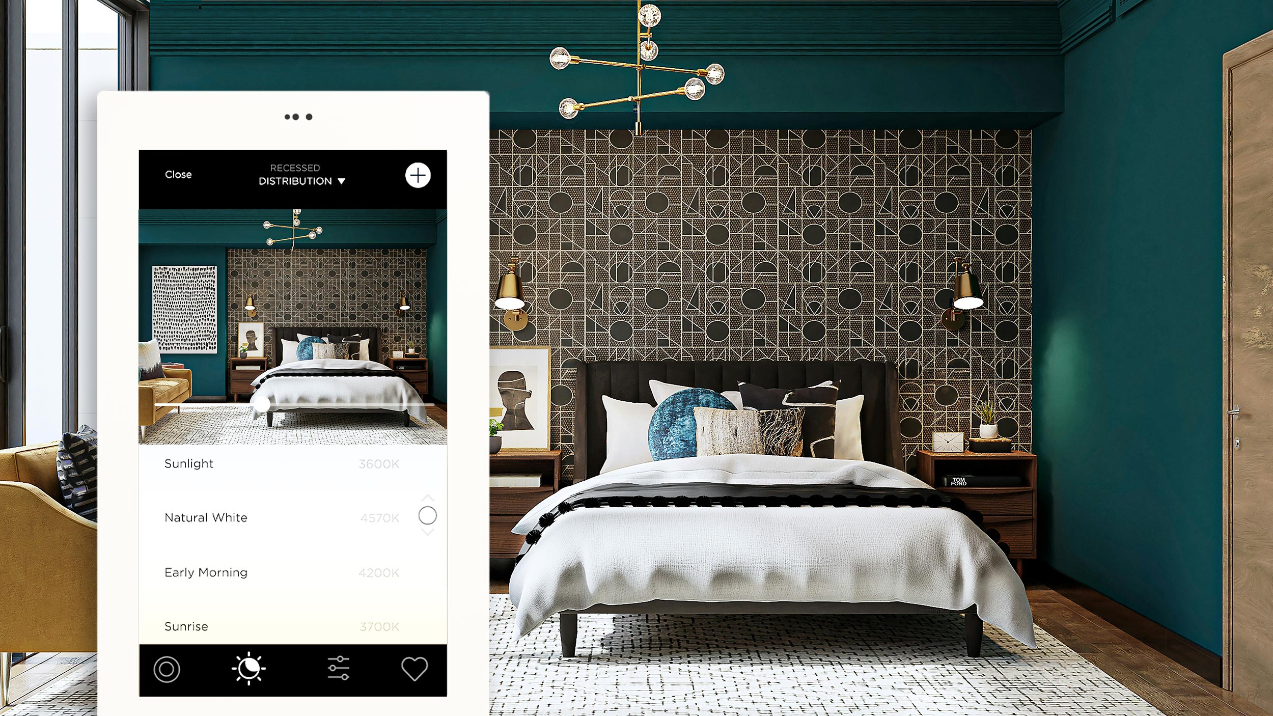 A vibrant bedroom featuring a digital control panel, allowing users to adjust lighting and ambiance with various preset options.