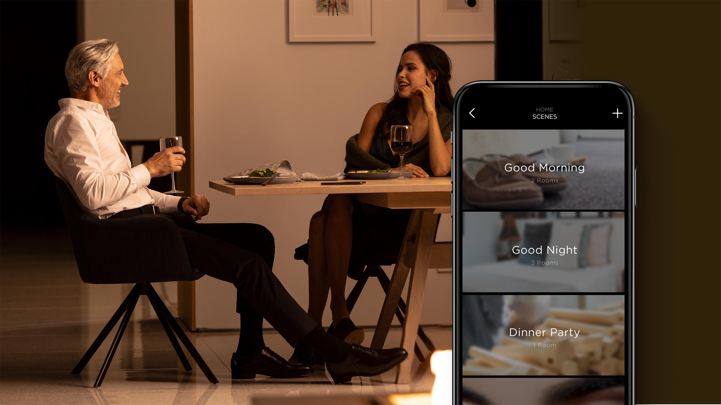 A couple enjoying a cozy dinner with a digital interface overlay displaying home automation scenes.